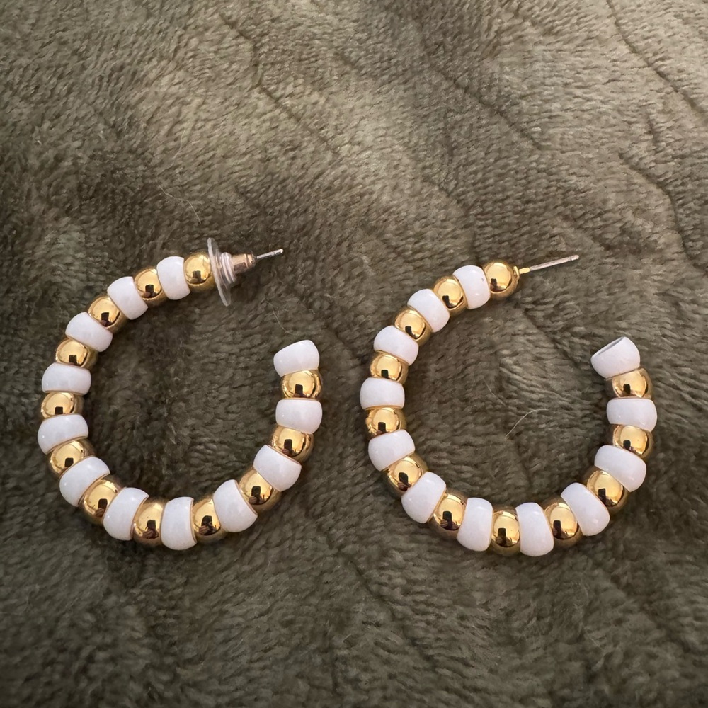 Tuckernuck White and Gold Beaded Hoop Earrings
